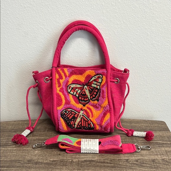 American & Beyond | Pink Butterfly Beaded Tote/Bucket Bag w/Crossbody Strap - Picture 12 of 16